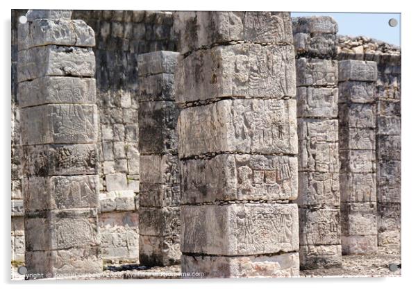 Carved stone columns with Mayan images in Chichen Itza, Mexico. Acrylic by Joaquin Corbalan