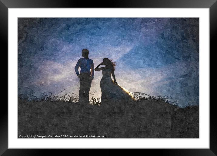 Newlywed couple after their wedding at sunset, digital art oil painting from a photograph. Framed Mounted Print by Joaquin Corbalan