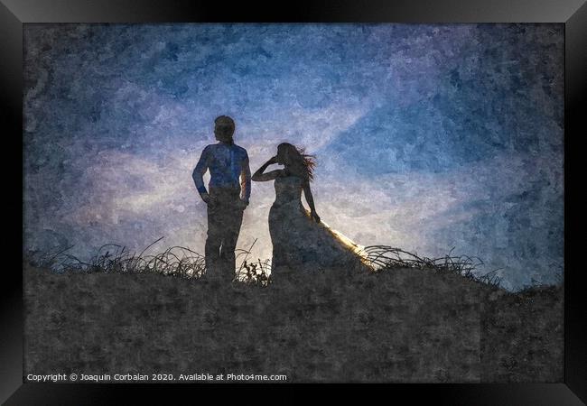 Newlywed couple after their wedding at sunset, digital art oil painting from a photograph. Framed Print by Joaquin Corbalan