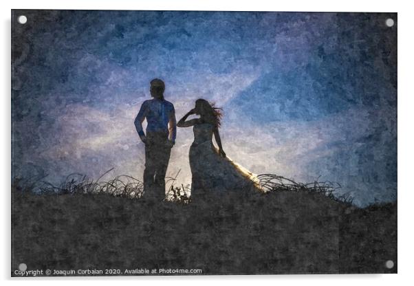 Newlywed couple after their wedding at sunset, digital art oil painting from a photograph. Acrylic by Joaquin Corbalan