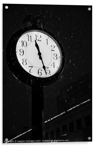 Street clock during a snowfall, time passes. Acrylic by Joaquin Corbalan