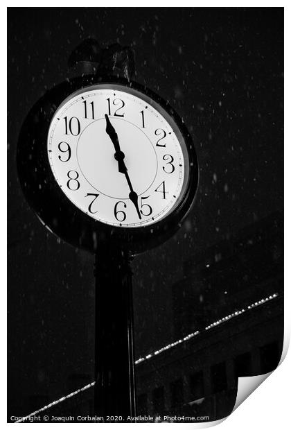 Street clock during a snowfall, time passes. Print by Joaquin Corbalan