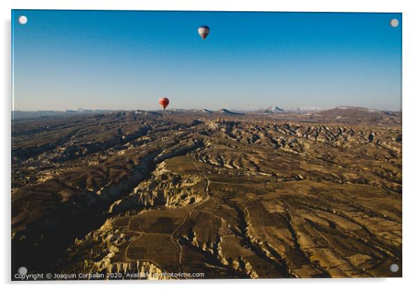 Colorful balloons flying over mountains and with blue sky in cappadocia Acrylic by Joaquin Corbalan