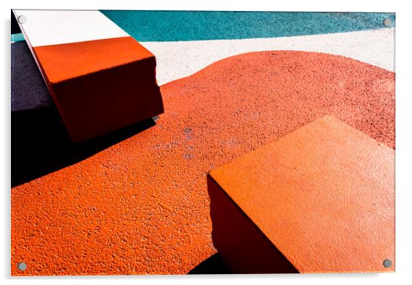 Asphalt floor painted in orange, with concrete blocks of harsh shadows of sunlight, abstract background. Acrylic by Joaquin Corbalan