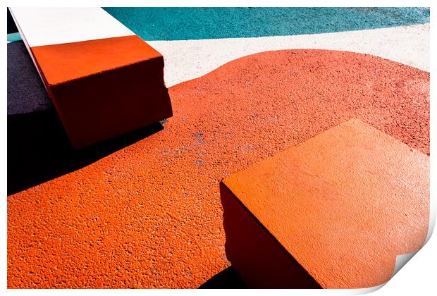 Asphalt floor painted in orange, with concrete blocks of harsh shadows of sunlight, abstract background. Print by Joaquin Corbalan
