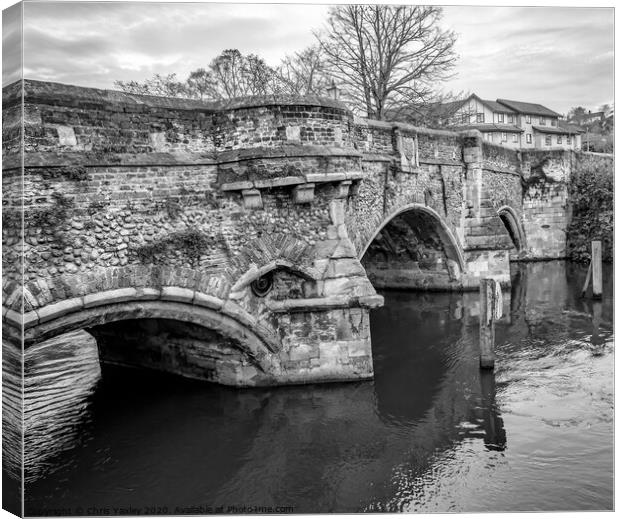 Bishop Bridge over the River Wensum, Norwich bw Canvas Print by Chris Yaxley