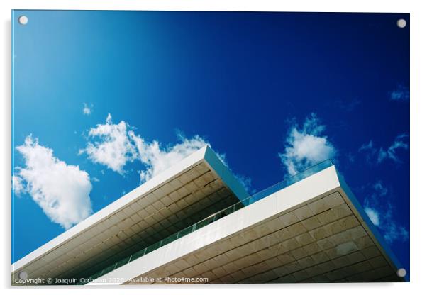 Blue sky background with clouds and a roof of modern financial business building. Acrylic by Joaquin Corbalan