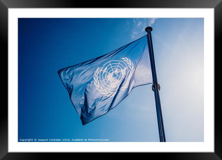 UN flag waved against the sun and blue sky. Framed Mounted Print by Joaquin Corbalan
