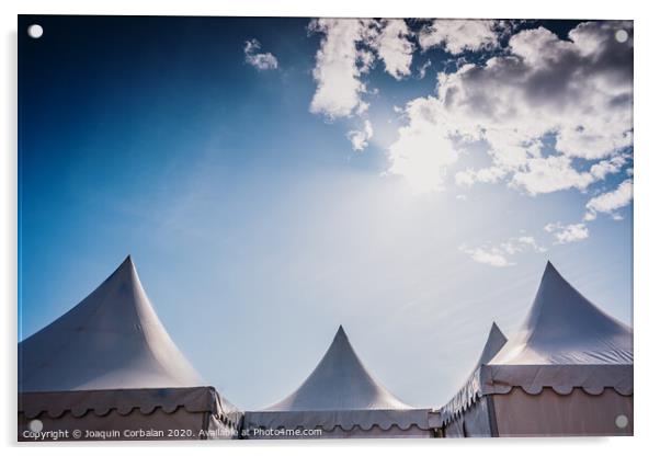 Peaks of three pyramidal white tents and blue sky background with space for advertisers text. Acrylic by Joaquin Corbalan