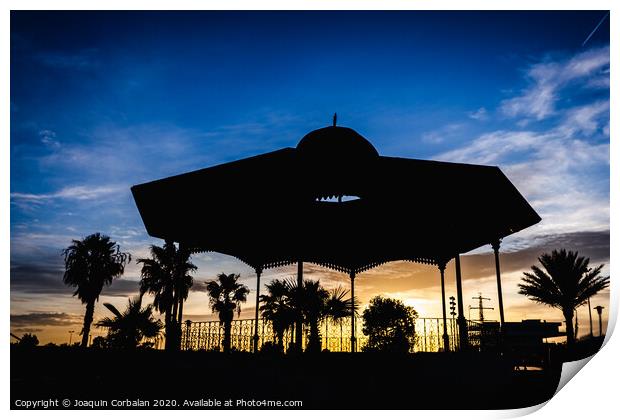 Silhouette of a pergola at sunset on a cloudy afternoon in the port of the Marina Real of Valencia, Spain. Print by Joaquin Corbalan