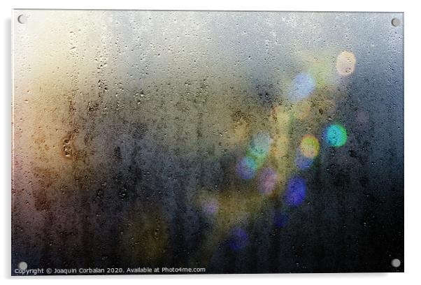 Beams of lights through a wet glass on a dark night, background of cold drops of water. Acrylic by Joaquin Corbalan