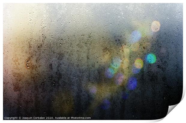 Beams of lights through a wet glass on a dark night, background of cold drops of water. Print by Joaquin Corbalan