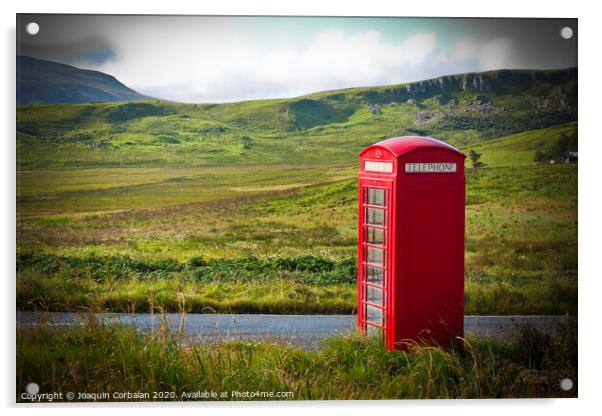 Typical red English telephone box in a rural area near a road. Acrylic by Joaquin Corbalan