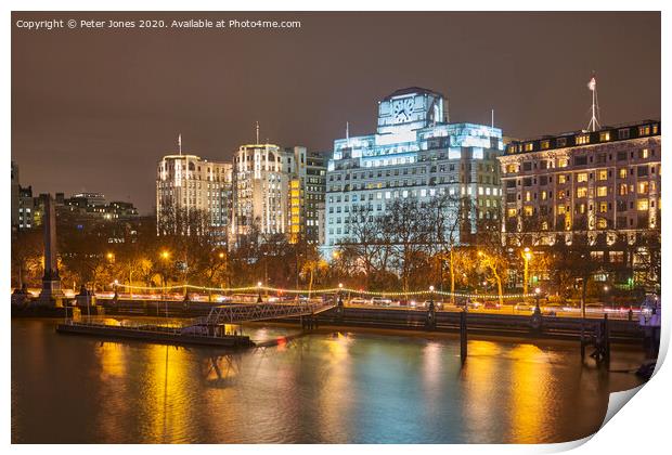 Shell Mex House at night. Print by Peter Jones