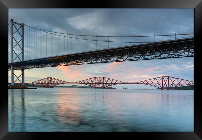 The Forth Rail Bridge framed by the Forth Road Bridge. Framed Print by Tommy Dickson
