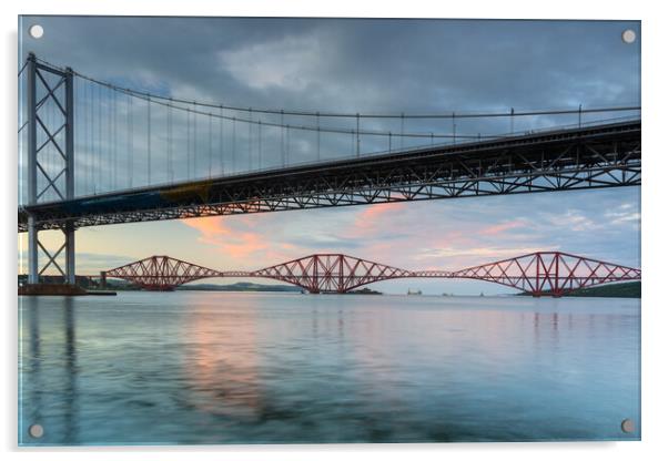 The Forth Rail Bridge framed by the Forth Road Bridge. Acrylic by Tommy Dickson