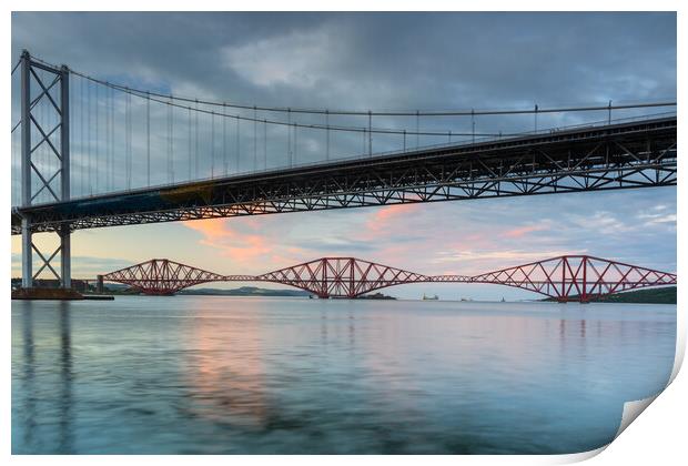The Forth Rail Bridge framed by the Forth Road Bridge. Print by Tommy Dickson