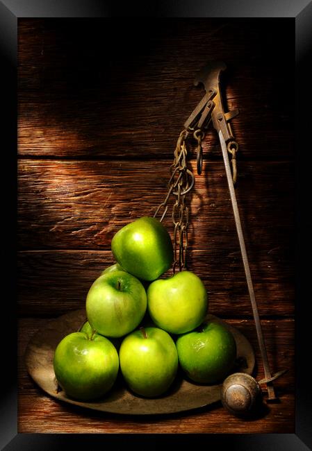 green apples on top of a wooden table Framed Print by Alessandro Della Torre