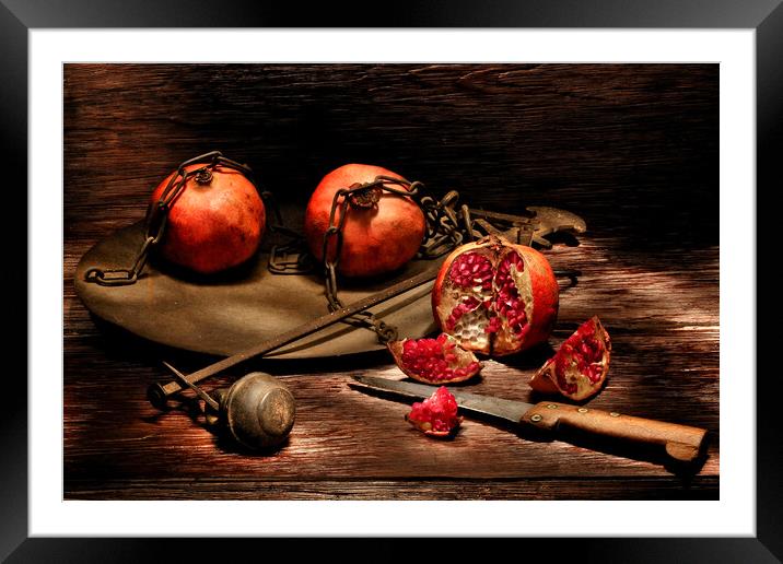 Pomegranates on a wooden table Framed Mounted Print by Alessandro Della Torre