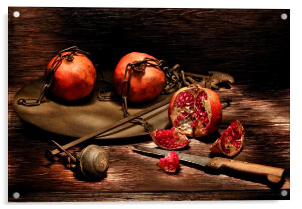 Pomegranates on a wooden table Acrylic by Alessandro Della Torre