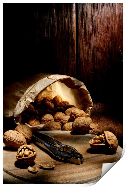 walnuts traditional bag with chopping board Print by Alessandro Della Torre