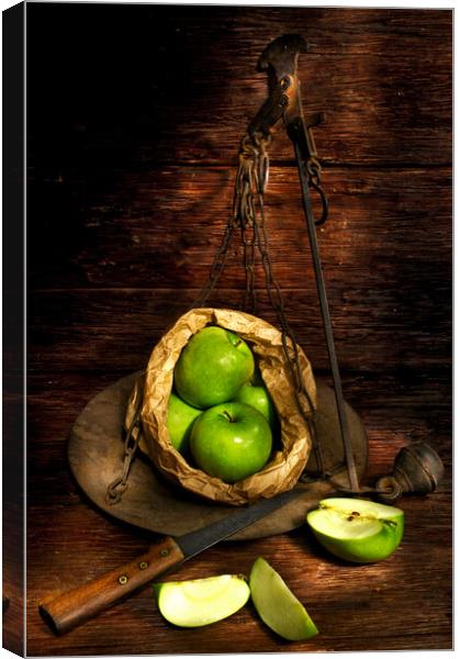 green apple on a weight scale meter Canvas Print by Alessandro Della Torre