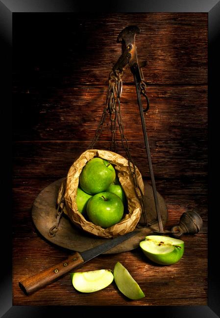 green apple on a weight scale meter Framed Print by Alessandro Della Torre