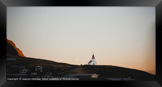 Church on top of a hill and under a mountain, with the moon in the background. Framed Print by Joaquin Corbalan