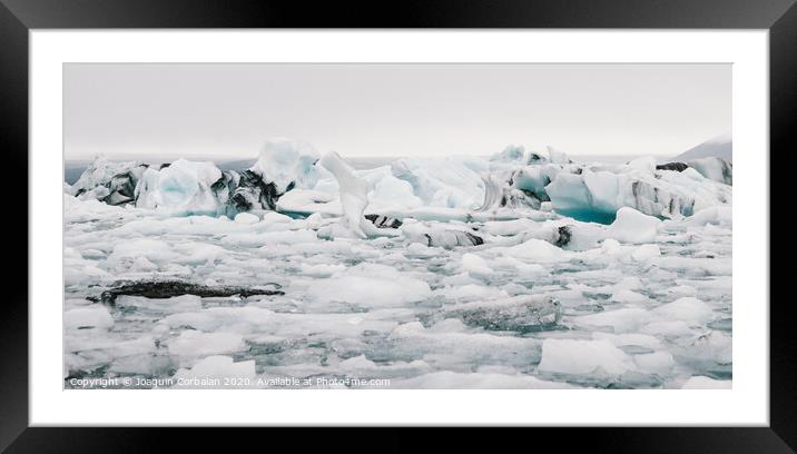 Large icebergs detached from the tongue of a glacier reaching the coast, in Iceland, paradise for adventurers. Framed Mounted Print by Joaquin Corbalan