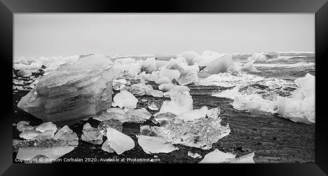 Giant ice blocks detached from icebergs on the coast of an Icelandic beach. Framed Print by Joaquin Corbalan