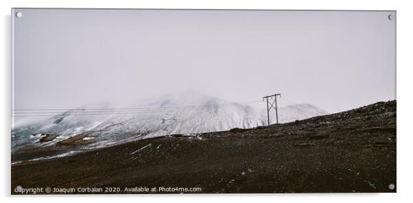 Poles of electricity in the middle of a snowy mountain to supply electrical power to remote villages. Acrylic by Joaquin Corbalan