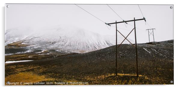 Poles of electricity in the middle of a snowy mountain to supply electrical power to remote villages. Acrylic by Joaquin Corbalan