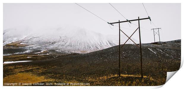 Poles of electricity in the middle of a snowy mountain to supply electrical power to remote villages. Print by Joaquin Corbalan