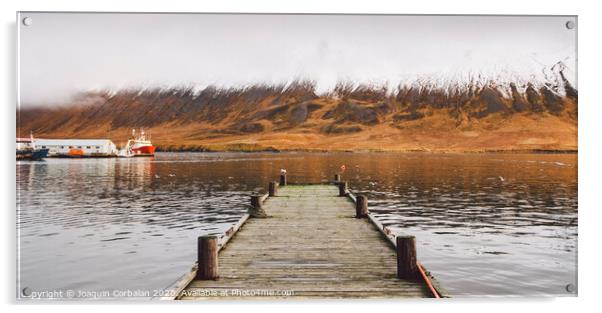 Small wooden pier centered on a lake, facing a snowy mountain. Acrylic by Joaquin Corbalan