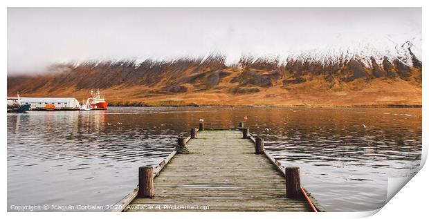 Small wooden pier centered on a lake, facing a snowy mountain. Print by Joaquin Corbalan