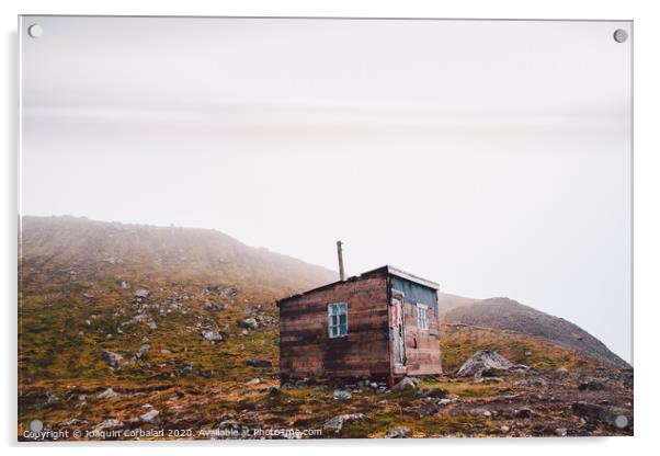 Small wooden hut on top of a mountain surrounded by fog in winter to seek solitude. Acrylic by Joaquin Corbalan