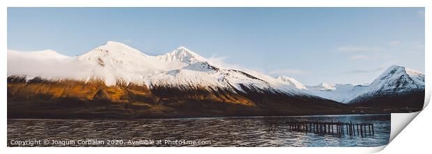 Beautiful scene of a landscape with high snowy mountains and sea. Print by Joaquin Corbalan