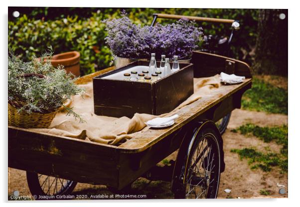 Old wooden cart to transport goods used for decoration at a wedding. Acrylic by Joaquin Corbalan