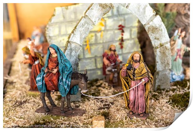 Religious figures of nativity scene at Christmas. Print by Joaquin Corbalan