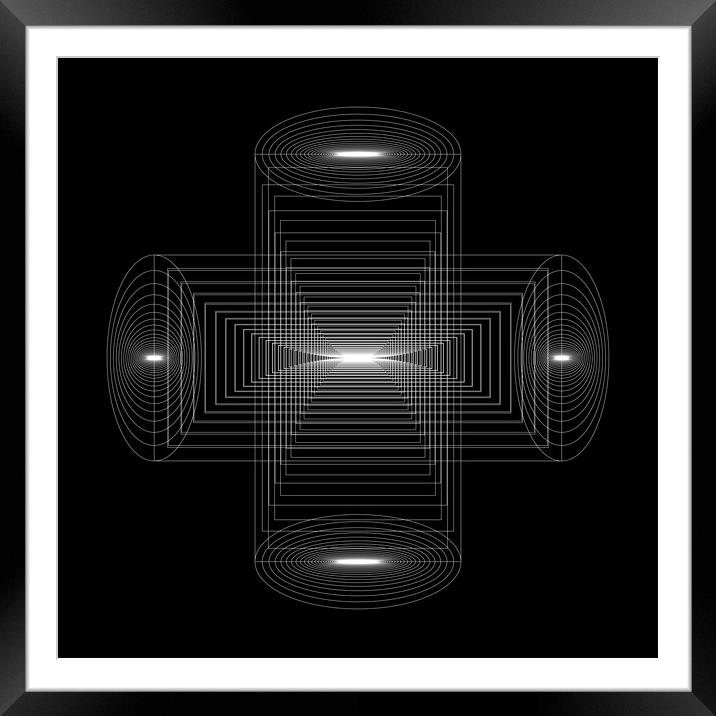 White geometry shapes on black background Framed Mounted Print by Arpad Radoczy