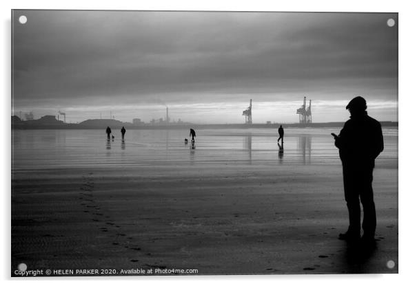 Silhouetts at Aberavon Beach in Mono Acrylic by HELEN PARKER
