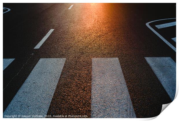 Lonely street with pedestrian crossing at sunset, texture with space for text. Print by Joaquin Corbalan