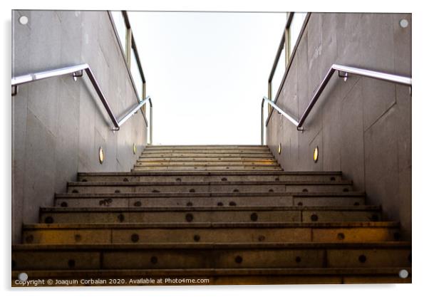 Granite staircase with handrails at the entrance of an underground pedestrian tunnel. Acrylic by Joaquin Corbalan