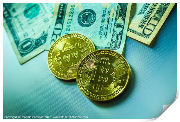 Bright bitcoin coins next to dollar bills. Print by Joaquin Corbalan