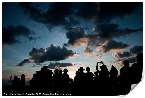 Group of people at sunrise photographing the sun, silhouettes of people Print by Joaquin Corbalan