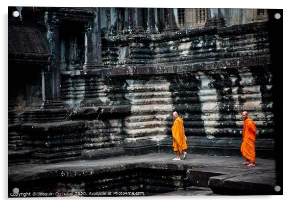 tibetan monks in orange robes visiting remote Cambodian temples to meditate. Acrylic by Joaquin Corbalan