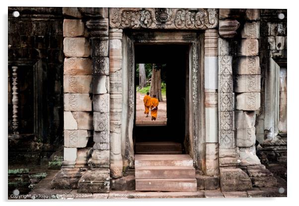 Buddhist monks meditating while walking through the Angkor Thom temple Acrylic by Joaquin Corbalan