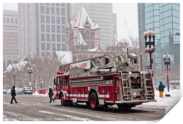 Fire truck traveling the snowy streets of the city. Print by Joaquin Corbalan