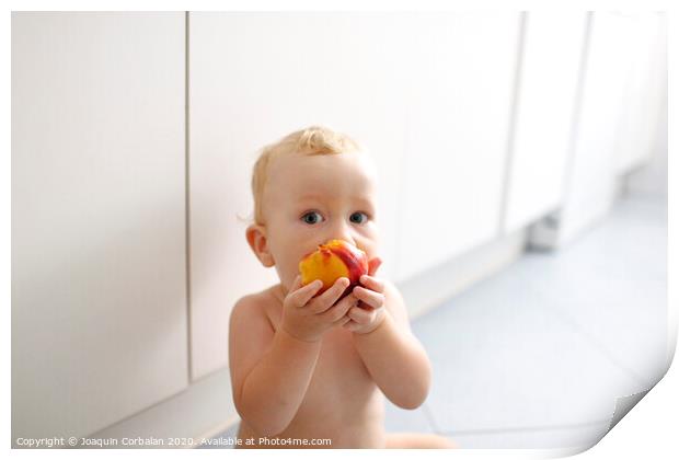 Baby led weaning, baby learning to eat with his first foods. Print by Joaquin Corbalan