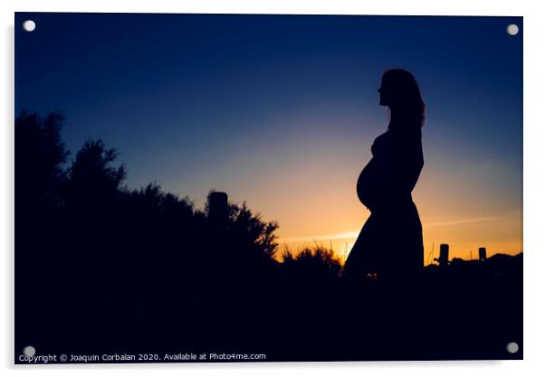 Silhouette of pregnant woman at sunset with solid color background. Acrylic by Joaquin Corbalan